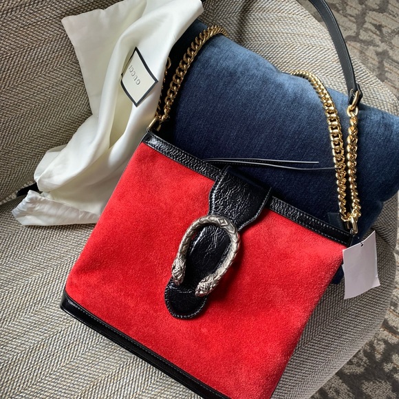 GUCCI Dionysus Kelly Red suede black patent trimmed crossbody bucket bag